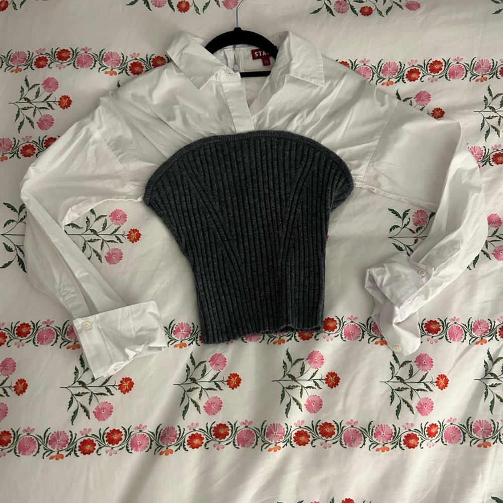STAUD White Blouse with Black Corset Overlay
